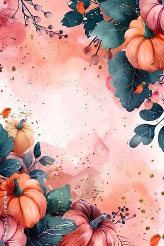 orange colored pumpkins with dark green leaves, watercolor style, space for text,  fall background,, templates, invitations