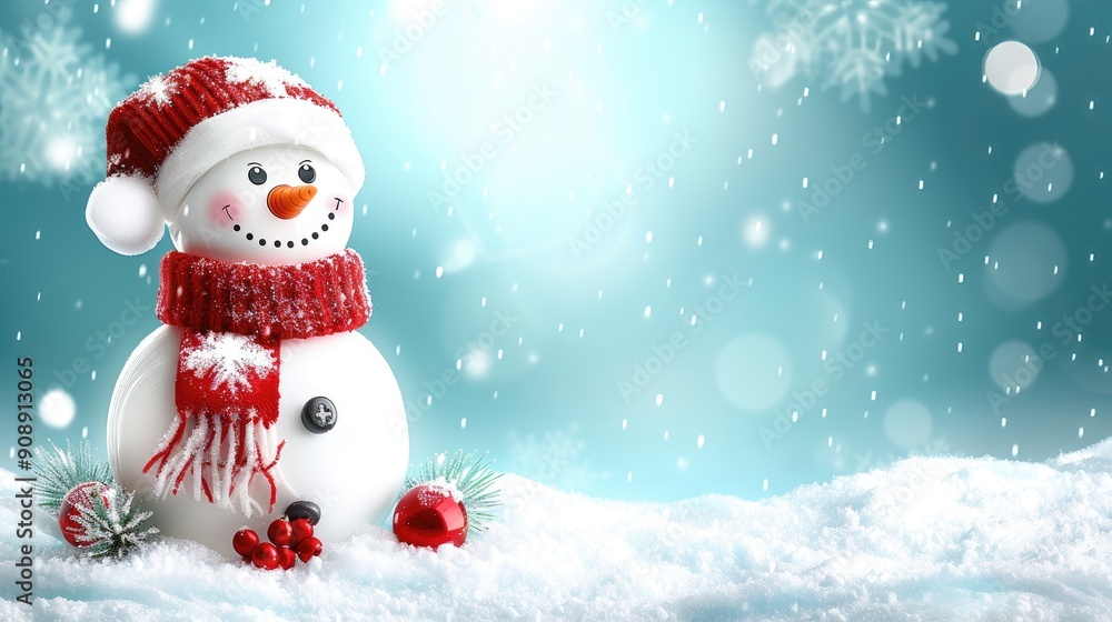A snowman with a red scarf and hat is standing in the snow A snowman with a red scarf and hat is standing in the snow