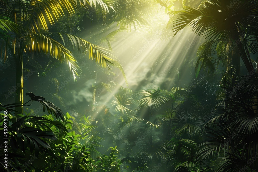 Lush green jungle with sunlight shining through foliage suitable for naturethemed designs, environmental websites, travel brochures, tropical settings. Lush green jungle with sunlight shining through foliage suitable for naturethemed designs, environmental websites, travel brochures, tropical settings.