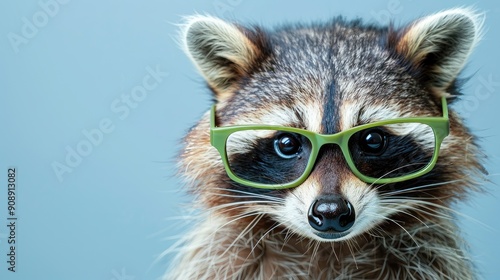 A raccoon wearing green glasses is staring at the camera