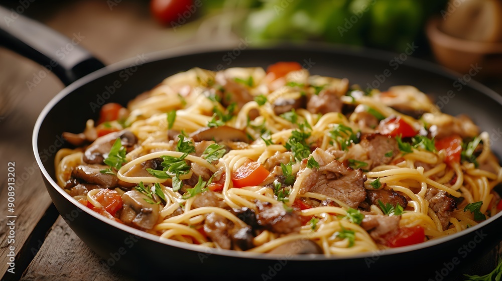 A photo shows critzatina pasta with meat and mushrooms in a pan, ready to be served for dinner A photo shows critzatina pasta with meat and mushrooms in a pan, ready to be served for dinner