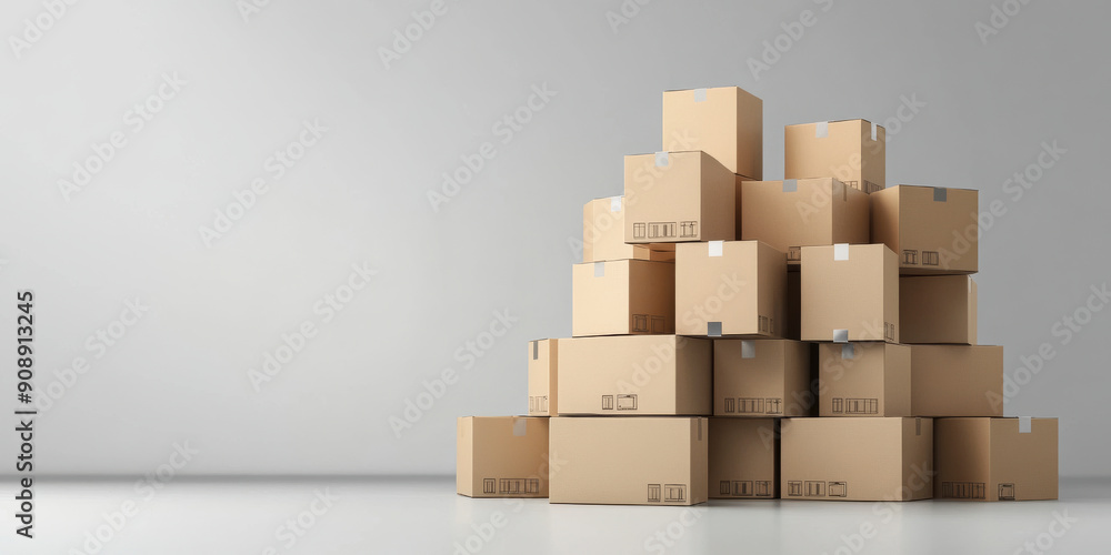 A towering stack of cardboard boxes against a minimalist white wall, representing the potential and anticipation of a new beginning. A towering stack of cardboard boxes against a minimalist white wall, representing the potential and anticipation of a new beginning.