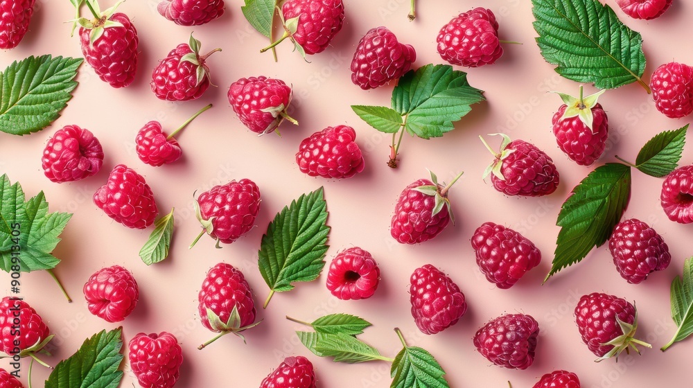 Top view of fresh raspberries and leaves arranged on a pink background, highlighting the vibrant colors and textures. Top view of fresh raspberries and leaves arranged on a pink background, highlighting the vibrant colors and textures.