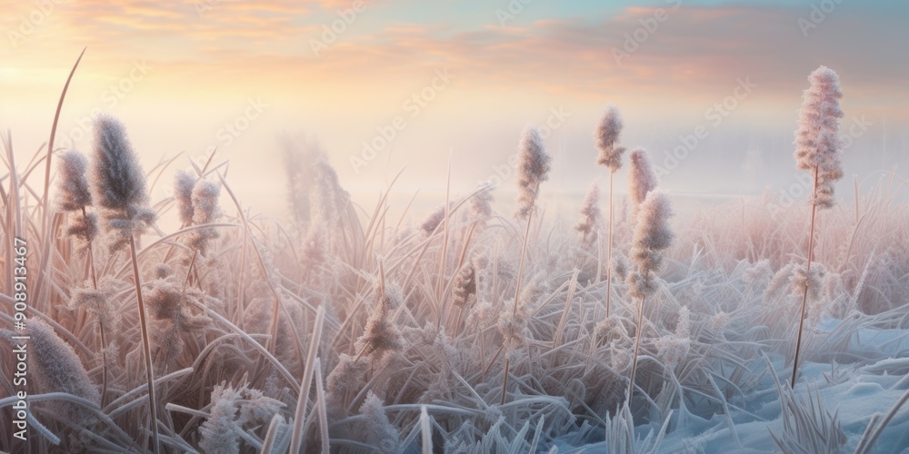 Obraz premium Frozen reeds covered in frost during sunrise, capturing the serene and chilly beauty of a winter morning.