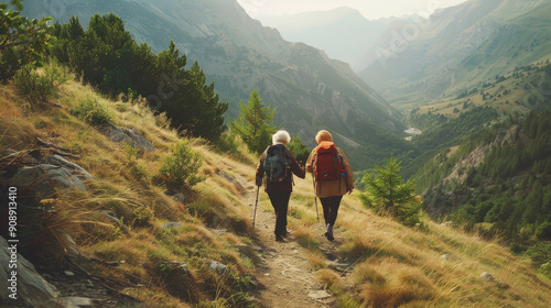 Two elderly hikers enjoy a scenic mountain trail, surrounded by lush greenery and distant peaks, embodying adventurous spirit and companionship.