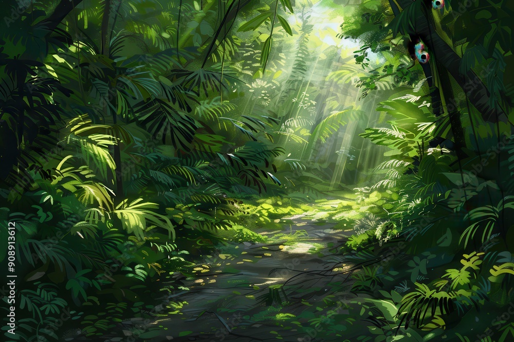 Fototapeta premium Lush green jungle with sunlight shining through foliage suitable for naturethemed designs, environmental websites, travel brochures, tropical settings.