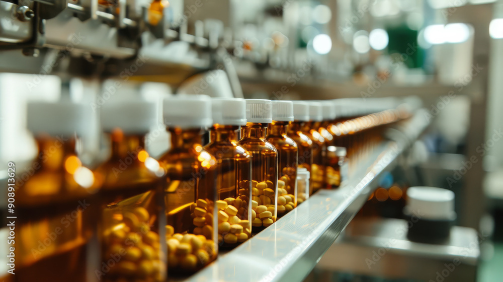 Pharmaceutical bottles lined up on a production conveyor, representing the organized and efficient nature of modern medicine manufacturing. Pharmaceutical bottles lined up on a production conveyor, representing the organized and efficient nature of modern medicine manufacturing.