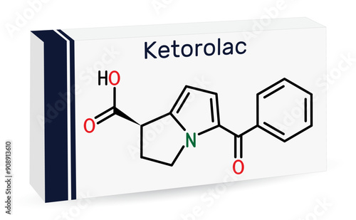 Ketorolac molecule. It is nonsteroidal anti-inflammatory drug NSAID. Skeletal chemical formula. Paper packaging for drugs