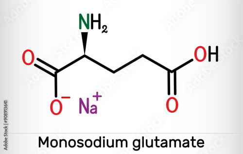 Monosodium glutamate,  MSG, sodium glutamate molecule. It is flavor enhancer E621. Skeletal chemical formula