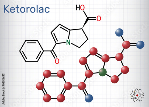 Ketorolac molecule. It is nonsteroidal anti-inflammatory drug NSAID. Structural chemical formula, molecule model. Sheet of paper in a cage