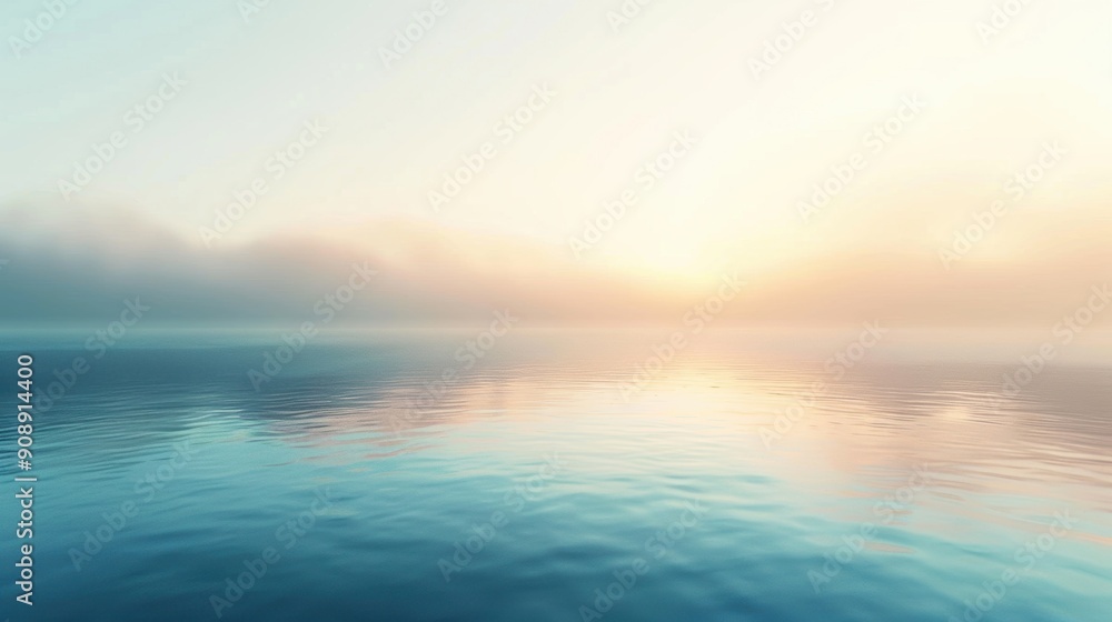 Obraz premium A serene ocean view with calm waters and a misty sunrise creating a tranquil and peaceful atmosphere.