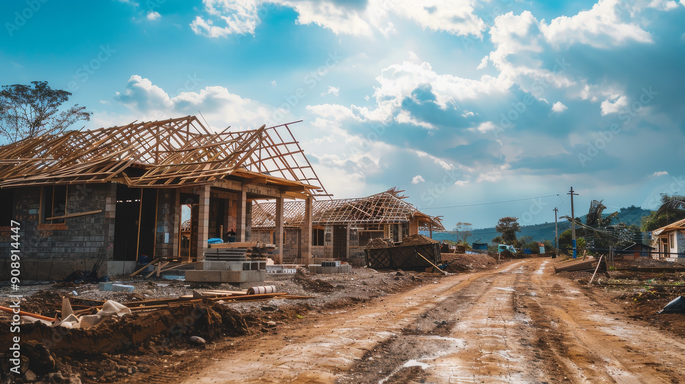 A dirt road lined with partially constructed houses under a dramatic cloudy sky, depicting a developing residential area.