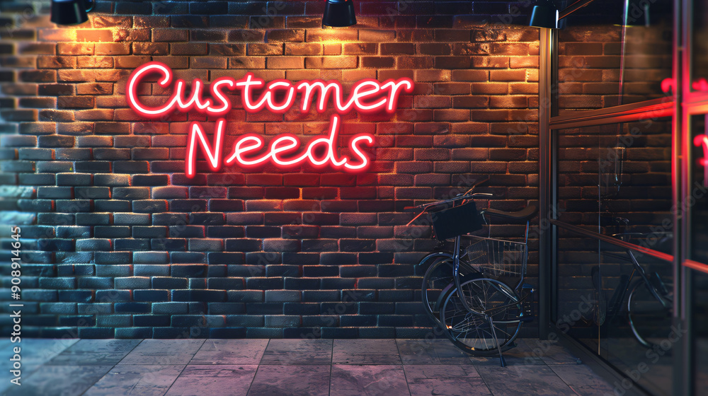 Customer needs sign illuminated by red neon on brick wall outside bar entrance with bicycles parked at night Customer needs sign illuminated by red neon on brick wall outside bar entrance with bicycles parked at night