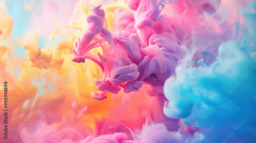 Obraz premium Swirling colorful ink in water, creating an abstract and vibrant visual art piece with pink, yellow, and blue hues.