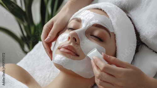 Rejuvenating Facial Treatment: A serene woman experiences the luxury of a professional facial, a white clay mask applied with care, promoting a sense of wellness and beauty.