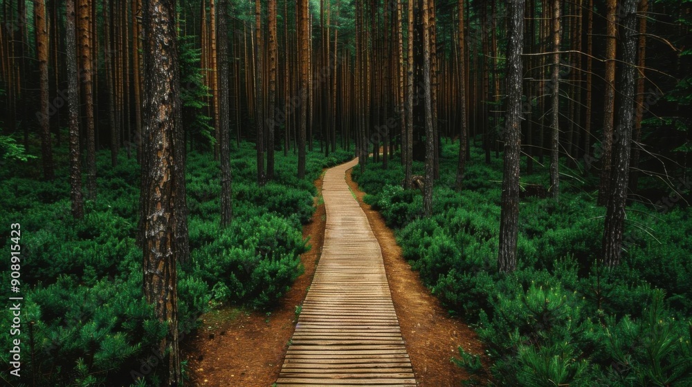 Path in a pine forest leading to a wooden bridge Path in a pine forest leading to a wooden bridge