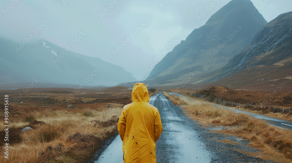 Fototapeta premium A lone figure in a yellow raincoat walks down a misty, deserted road, surrounded by towering, mist-covered mountains.