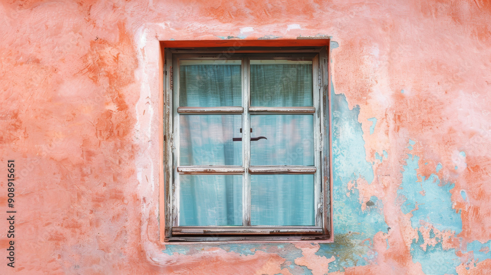 An old, weathered window with teal shutters stands out against a faded peach-colored wall, capturing the rustic charm and timeless beauty of a forgotten era. An old, weathered window with teal shutters stands out against a faded peach-colored wall, capturing the rustic charm and timeless beauty of a forgotten era.