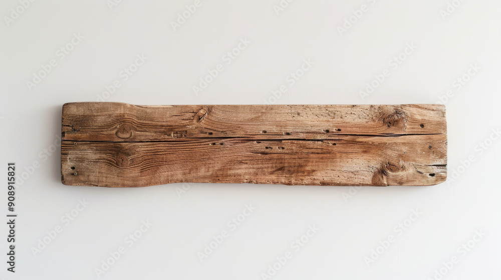 Fototapeta premium A rustic, reclaimed wooden plank is affixed to a plain white wall, highlighting its natural texture and weathered character.