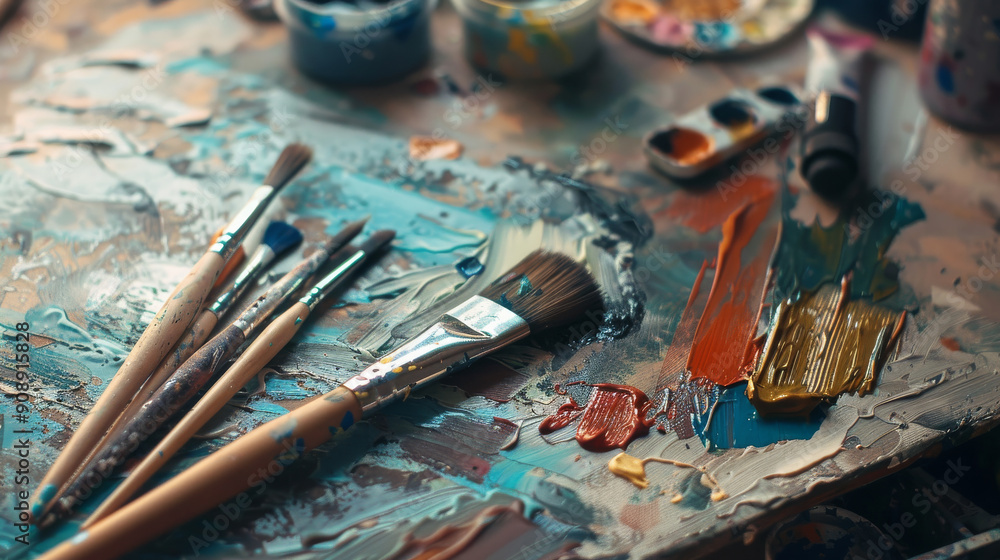 An artist's workspace showcasing well-used paintbrushes and a palette crowded with vivid hues and textures, illustrating the dynamic process of creativity. An artist's workspace showcasing well-used paintbrushes and a palette crowded with vivid hues and textures, illustrating the dynamic process of creativity.