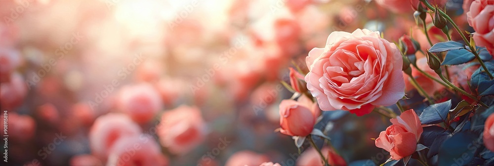 Blooming Pink Roses in a Vibrant Floral Garden at Sunrise With Abundant Copyspace Blooming Pink Roses in a Vibrant Floral Garden at Sunrise With Abundant Copyspace