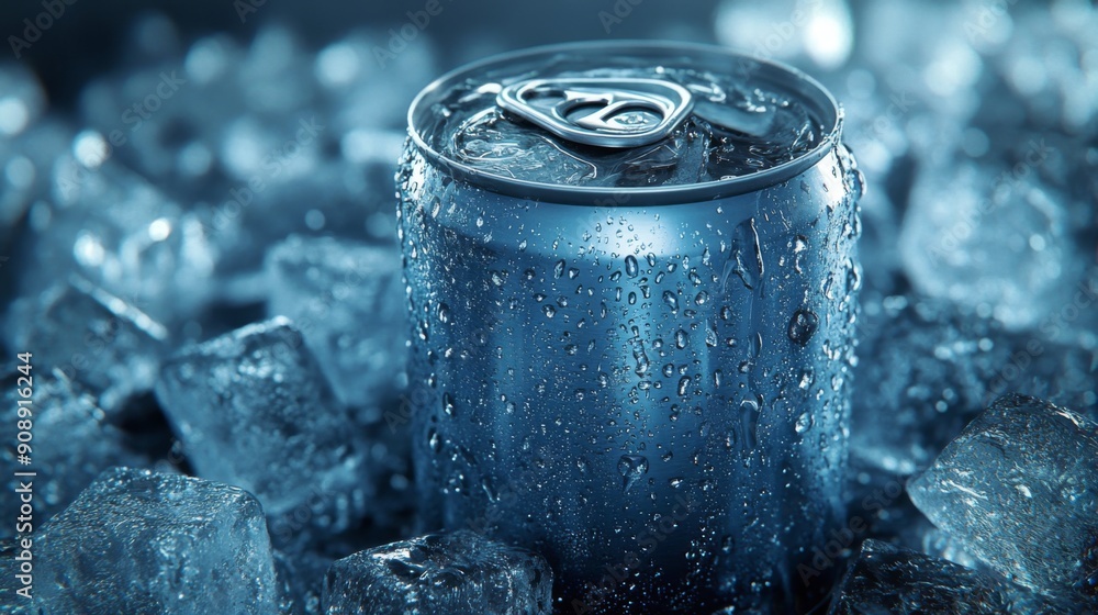 A can of cold drink embedded in ice cubes, condensation dripping down, giving a chilled and invigorating appearance. A can of cold drink embedded in ice cubes, condensation dripping down, giving a chilled and invigorating appearance.