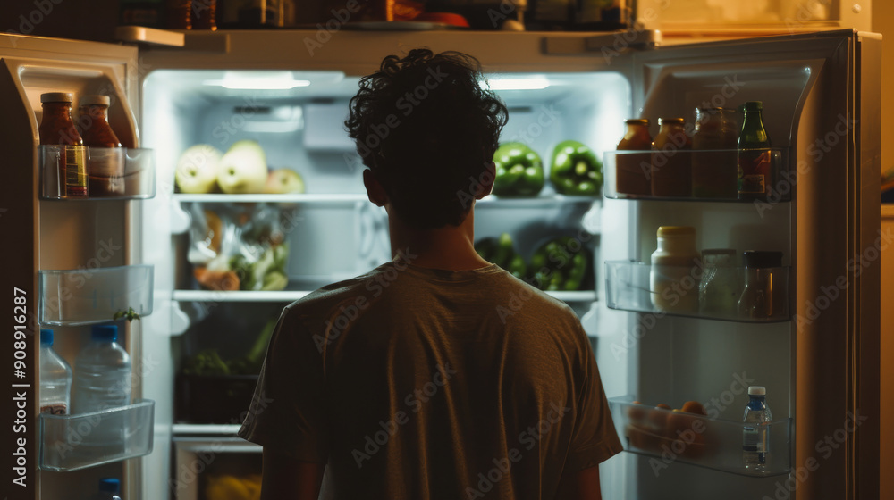 A person stares intently into a brightly lit refrigerator, contemplating options as the light creates an aura of mystery and late-night hunger. A person stares intently into a brightly lit refrigerator, contemplating options as the light creates an aura of mystery and late-night hunger.