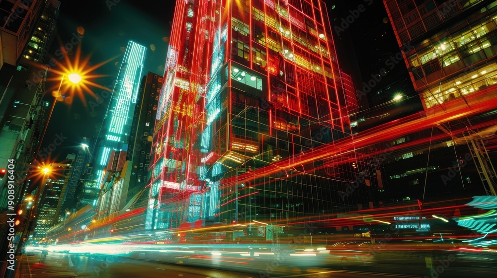 Urban Glow - Modern Skyscraper at Night with Blurred Traffic Lights Below Urban Glow - Modern Skyscraper at Night with Blurred Traffic Lights Below