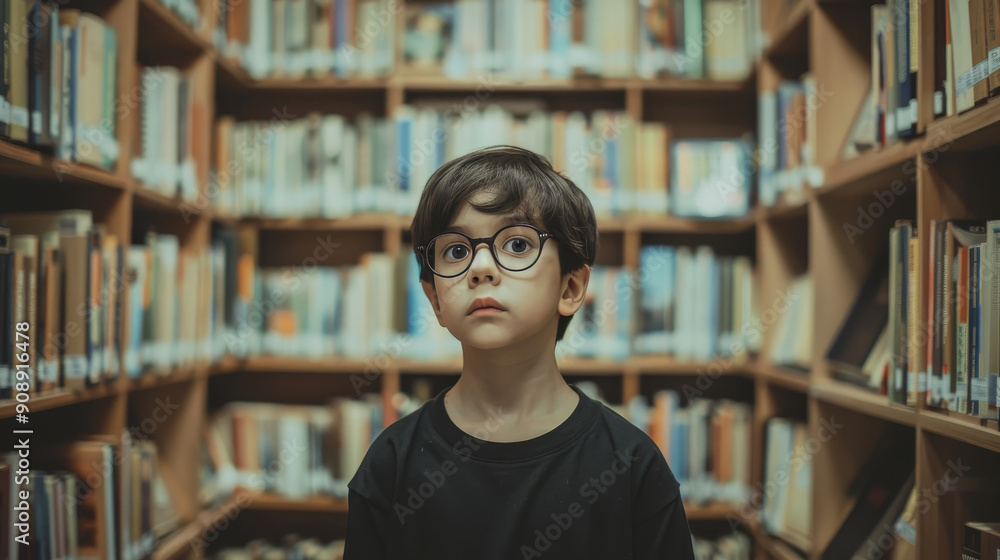 A young boy with round glasses stands in a library surrounded by books, his curious expression reflecting a thirst for knowledge and discovery. A young boy with round glasses stands in a library surrounded by books, his curious expression reflecting a thirst for knowledge and discovery.