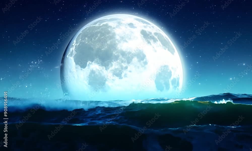 A moonlit night over the ocean with a giant, glowing full moon casting silver light on the gentle wave A moonlit night over the ocean with a giant, glowing full moon casting silver light on the gentle wave