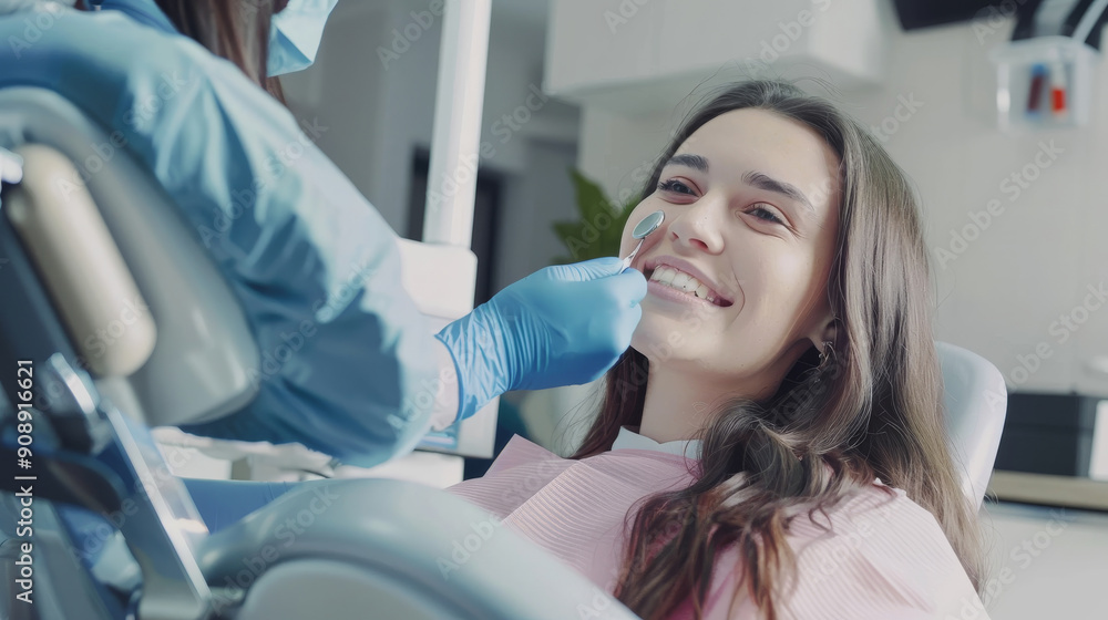 A woman at the dentist's office, smiling comfortably as the dental professional inspects her teeth with great care and precision. A woman at the dentist's office, smiling comfortably as the dental professional inspects her teeth with great care and precision.