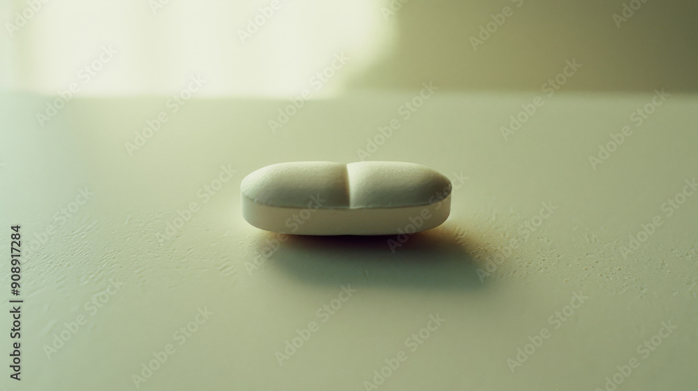 A solitary white pill sits prominently on a smooth surface, bathed in soft, diffused light. A solitary white pill sits prominently on a smooth surface, bathed in soft, diffused light.