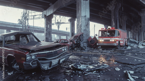 The aftermath of a tragic car crash under an overpass, featuring ruined vehicles and emergency services responding amidst debris and destruction.