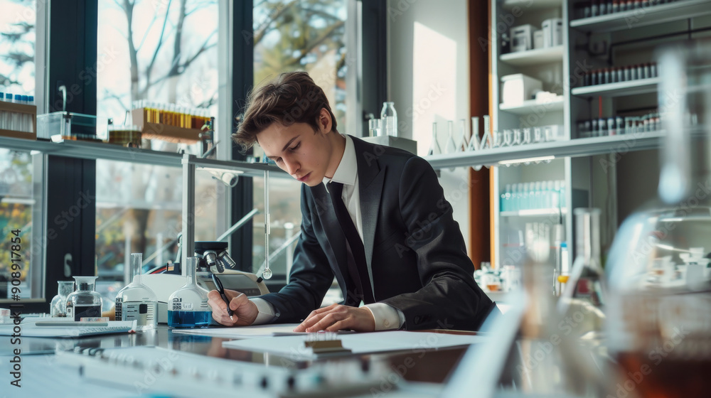 A young researcher immersed in his work, writing notes in a modern laboratory filled with scientific equipment and natural light. A young researcher immersed in his work, writing notes in a modern laboratory filled with scientific equipment and natural light.