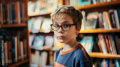 Boy with glasses stands in a cozy, book-filled library, appearing thoughtful and immersed in the scholarly atmosphere.