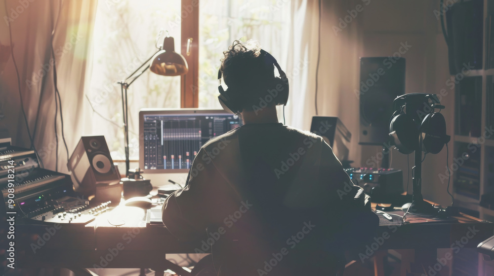 An inspired musician working in a sunlit home studio, surrounded by numerous keyboards and sound equipment, composing a new track.