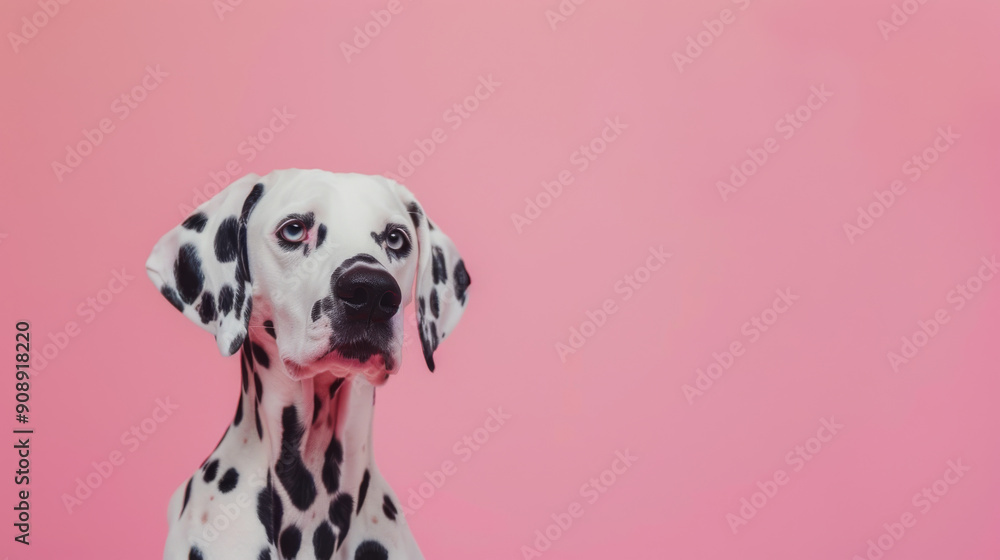 A regal Dalmatian poses against a vibrant pink background, showcasing its elegance and striking black-and-white spots. A regal Dalmatian poses against a vibrant pink background, showcasing its elegance and striking black-and-white spots.