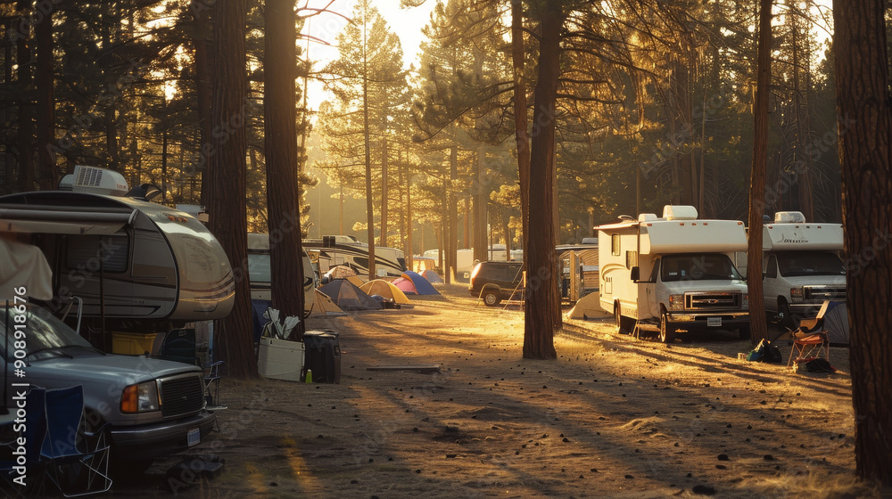 Obraz premium A picturesque campground in the woods with campers, RVs, and tents lit by the gentle glow of the setting sun.