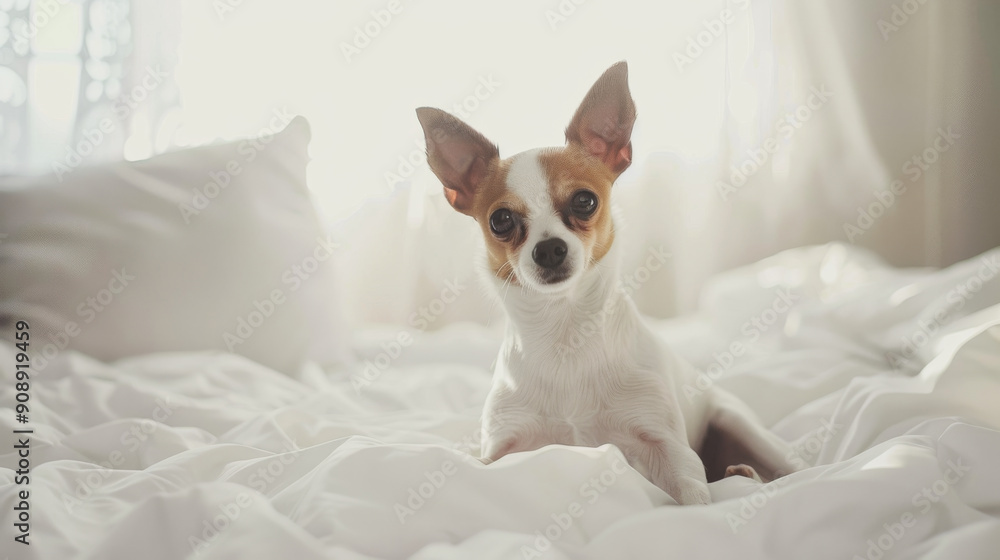 A curious dog with upright ears sits on a soft, white bed, bathed in gentle morning light, conveying warmth and companionship. A curious dog with upright ears sits on a soft, white bed, bathed in gentle morning light, conveying warmth and companionship.