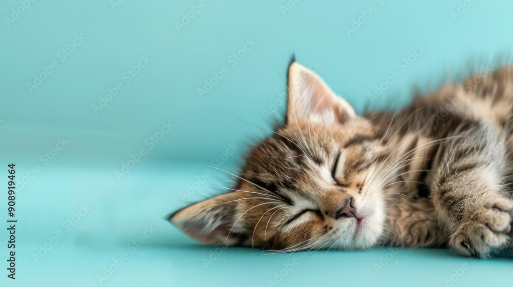 Obraz premium Cute kitten sleeping peacefully on a light turquoise background. Adorable close-up of a striped kitten napping comfortably.