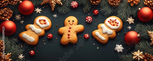 A festive arrangement of gingerbread cookies surrounded by Christmas decorations, perfect for holiday-themed projects.