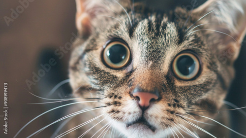 Close-up of a cat's wide-eyed surprised look with detailed whiskers and fur textures