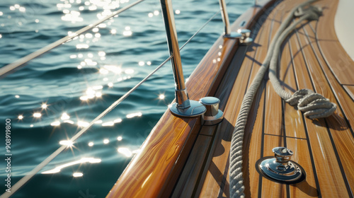 Sunlight dances off the polished wooden deck of a sailboat, highlighting the ropes and reflecting the serenity of the open water.