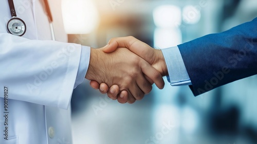 close up of doctor shaking hands with businessman hospital background
