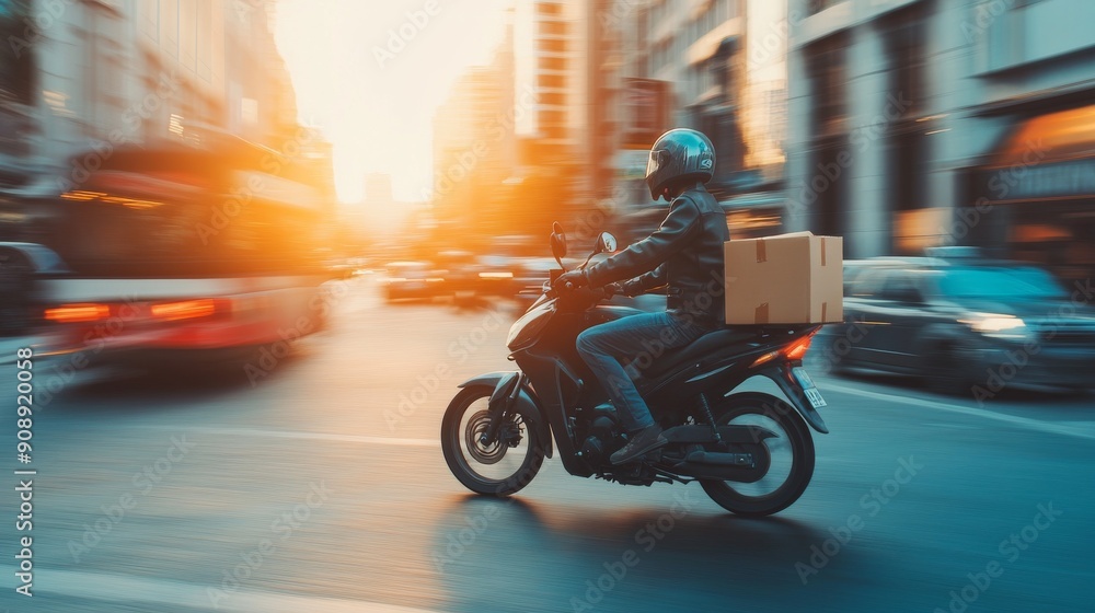 A motorcycle courier delivering a package in a busy urban setting A motorcycle courier delivering a package in a busy urban setting