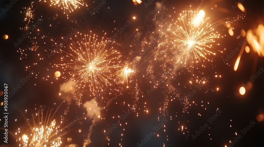 Cinematic low angle shot of fireworks exploding in the sky during a New Year celebration, illuminated by soft natural light Cinematic low angle shot of fireworks exploding in the sky during a New Year celebration, illuminated by soft natural light