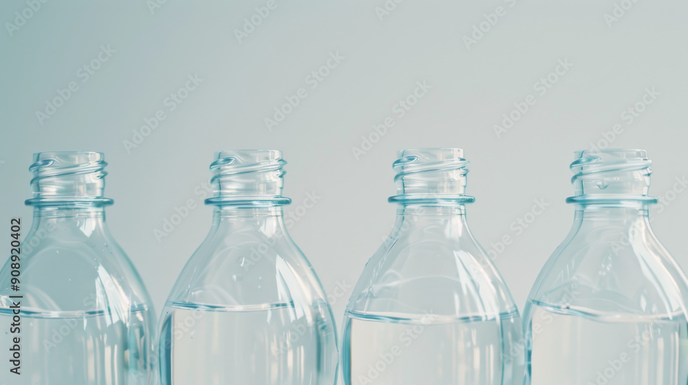 Four clear plastic bottles with a minimalist design stand side by side, filled partially with water against a calm background. Four clear plastic bottles with a minimalist design stand side by side, filled partially with water against a calm background.
