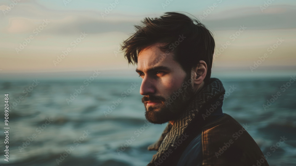 Close-up of a pensive man with a beard gazing at the horizon over a serene ocean at sunset, embodying contemplation and solitude. Close-up of a pensive man with a beard gazing at the horizon over a serene ocean at sunset, embodying contemplation and solitude.