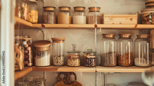 Rustic pantry shelves with various grains, spices, and cooking essentials stored in labeled glass jars with wooden lids. photo