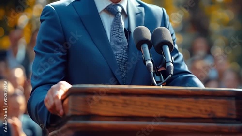 Video of a presidential candidate delivering a speech from a platform at a rally, highlighting their leadership and political platform. Ideal for showcasing campaign events and public speaking.